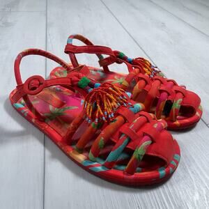 Farm Rio Women's 8 Tropical Tube Strap Beaded Sandal Travel Boho Red Orange